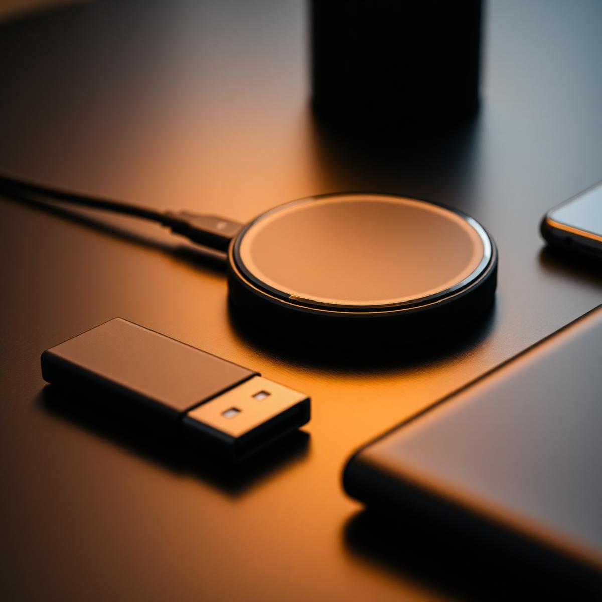 Kablosuz şarj pedi, USB bellek ve ince powerbank, koyu masa üzerinde